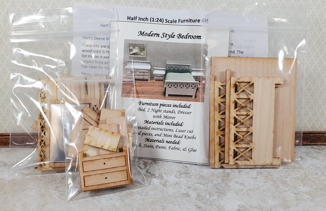 Dollhouse HALF SCALE Furniture KIT Modern Bedroom Bed Dresser Night Stand 1:24