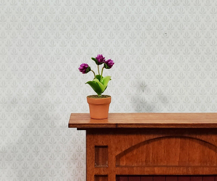 Dollhouse Potted Flowers Mauve Flowering Plant in Terra Cotta Pot 1:12 Scale