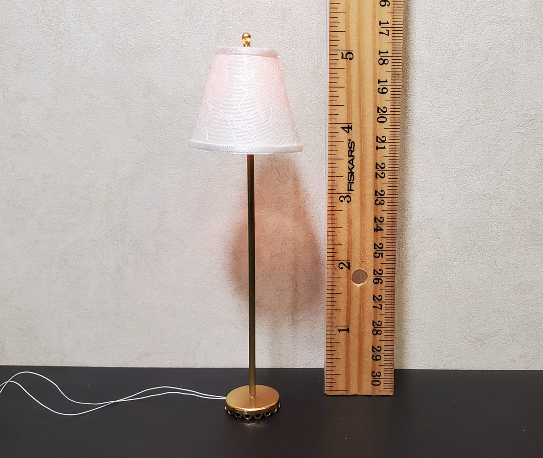 Dollhouse Floor Lamp Embossed White on White Shade 12 Volt Wired 1:12 Miniature