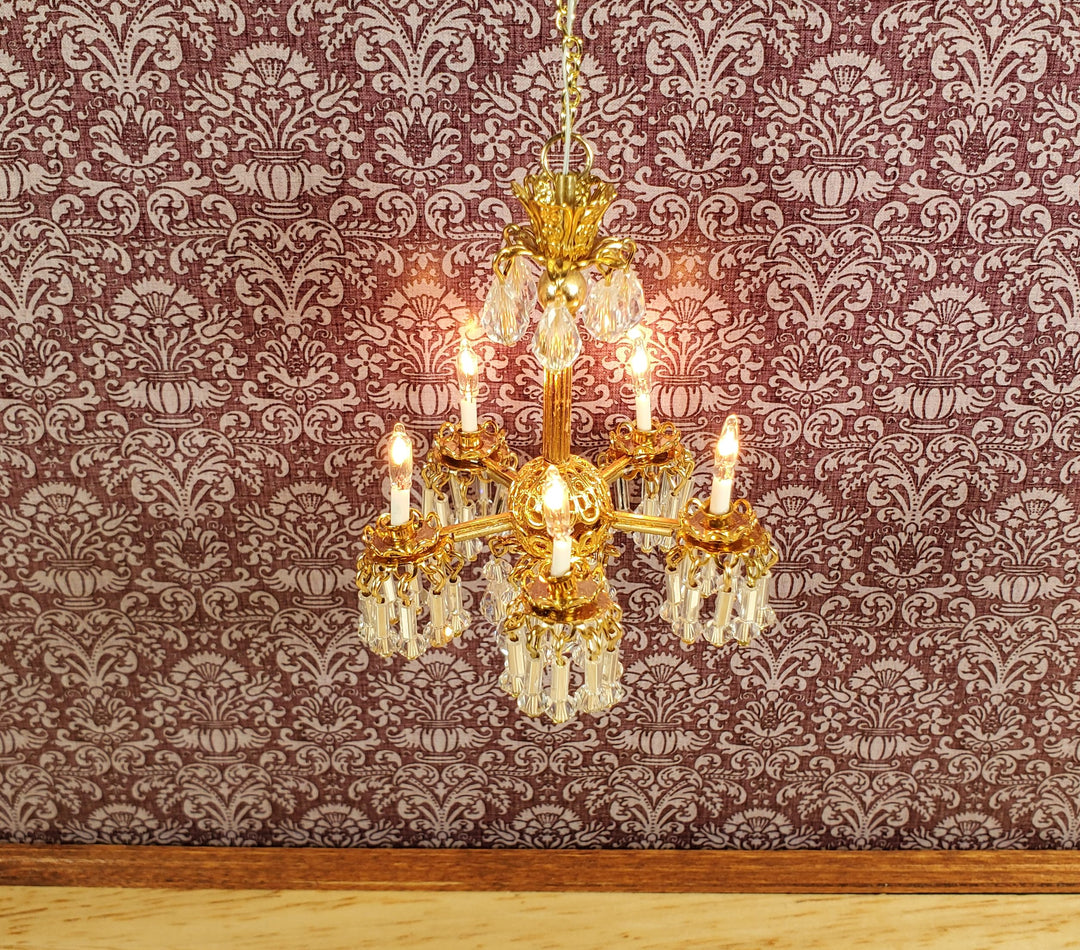 Dollhouse Chandelier 5 Arm Real Glass Crystals 12 Volt 1:12 Scale Vintage Style