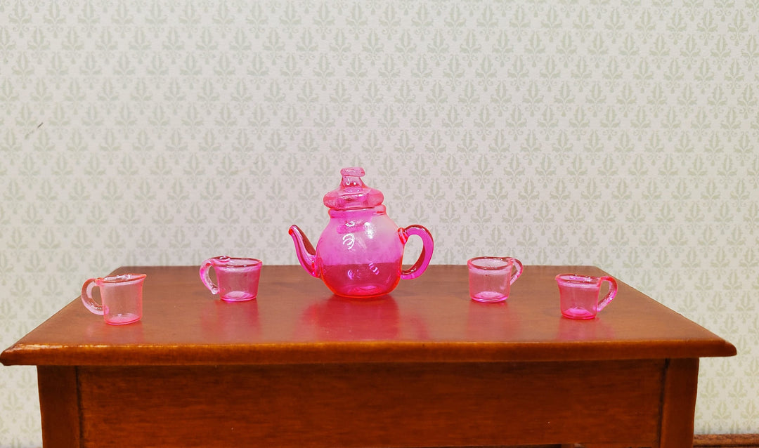 Dollhouse Bright Pink Glass Tea Set Teapot with 4 Teacups 1:12 Scale