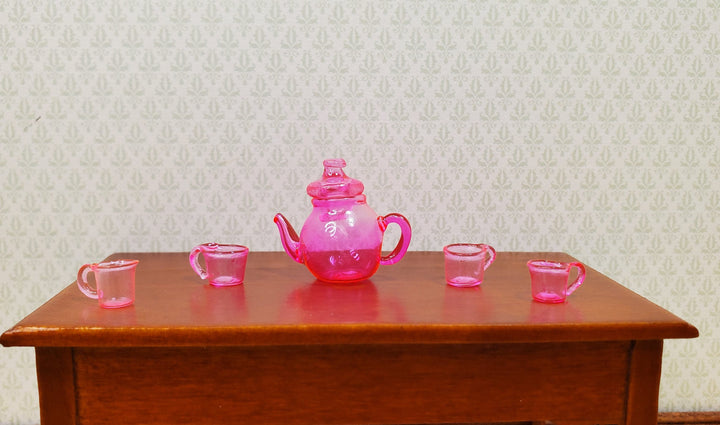 Dollhouse Bright Pink Glass Tea Set Teapot with 4 Teacups 1:12 Scale