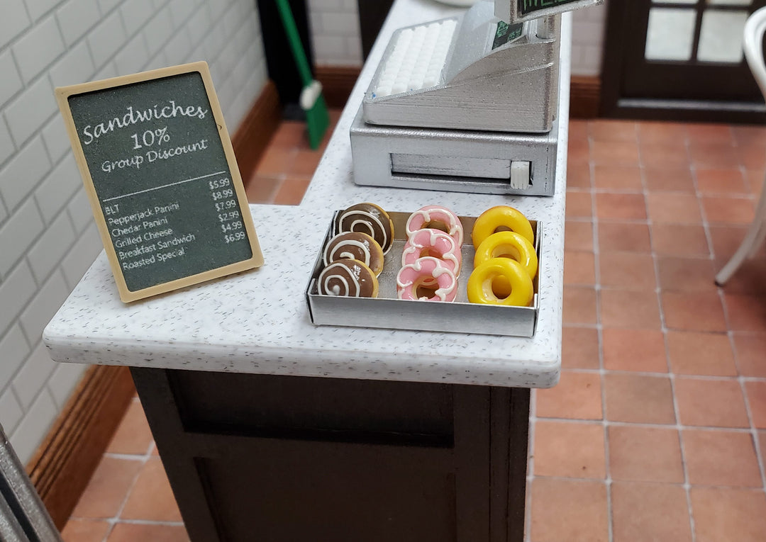 Dollhouse Donuts in Metal Tray Pink Yellow Chocolate Frosting 1:12 Scale Bakery