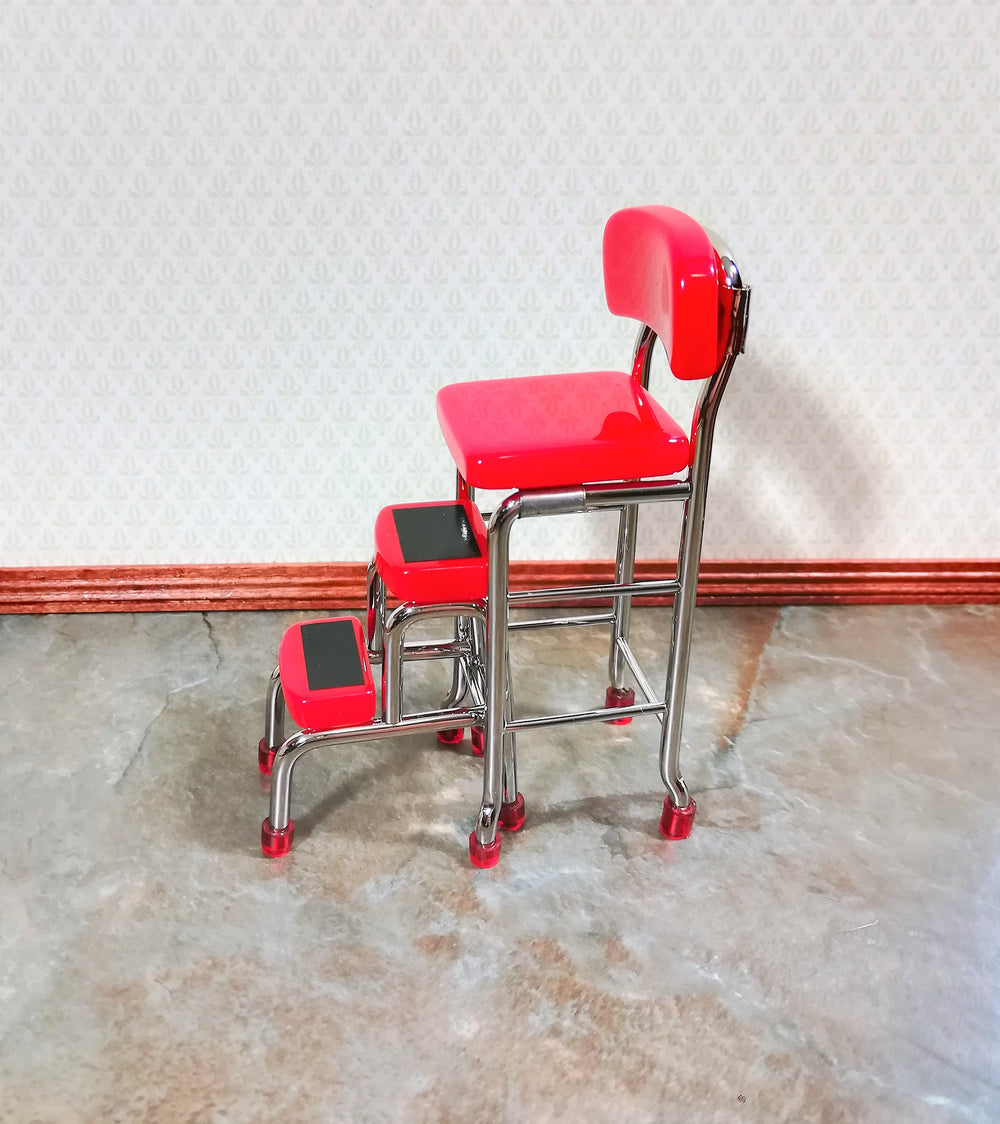 Dollhouse Step Stool Tall Chair 1950s Style Red 1:12 Scale Miniature Furniture