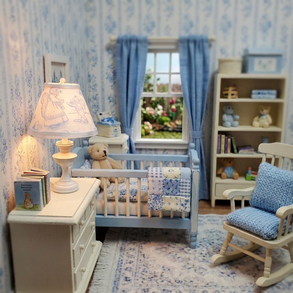 Dollhouse Nursery Table Lamp Blue Shade White Brass Base 12 Volt Wired 1:12