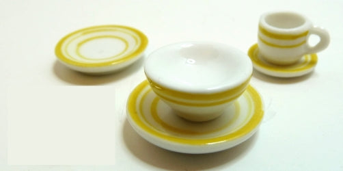 Dollhouse White with Yellow Trim Ceramic Dinner Setting 1:12 Scale Miniatures