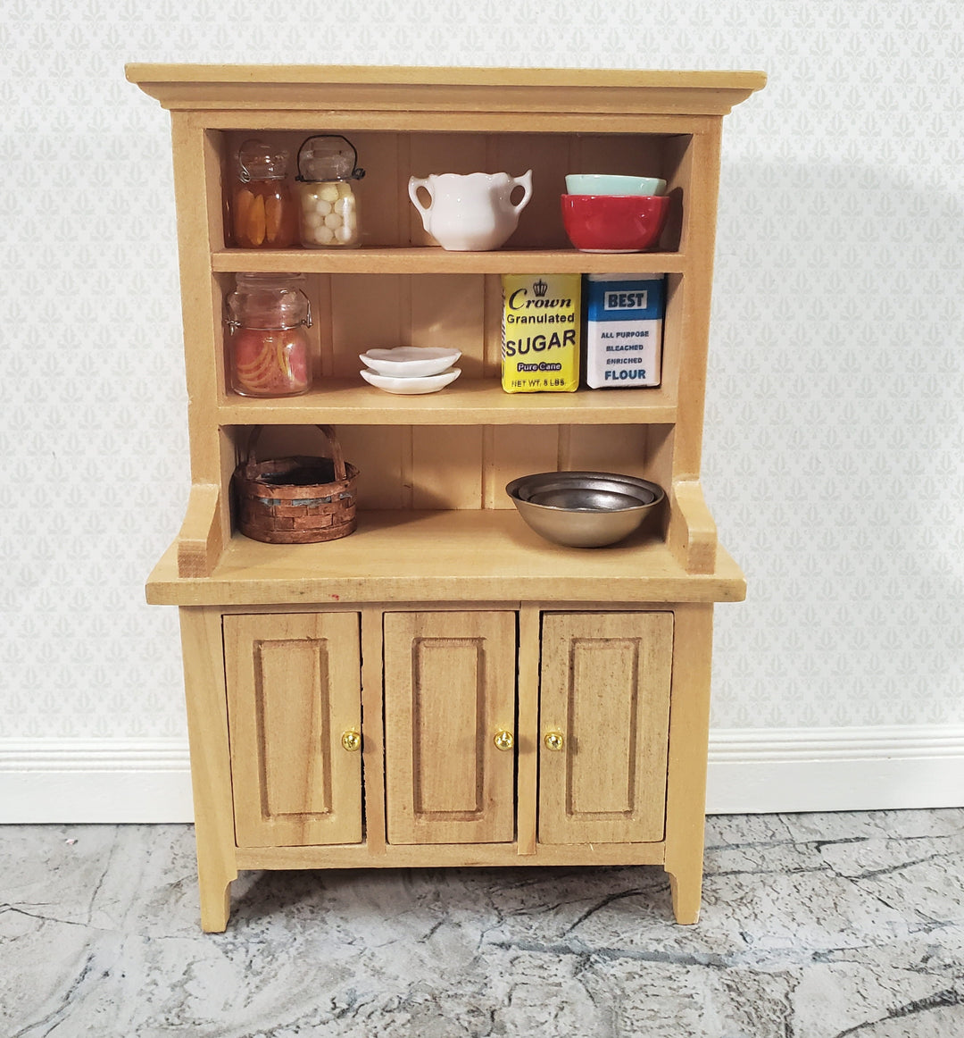 Dollhouse Kitchen Hutch Cabinet with Shelves Light Oak Finish 1:12 Scale Miniature Furniture