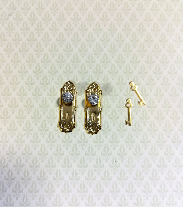 Dollhouse Doorknob Plate Set Gold with Crystal Knobs & Keyhole 1:12 Scale