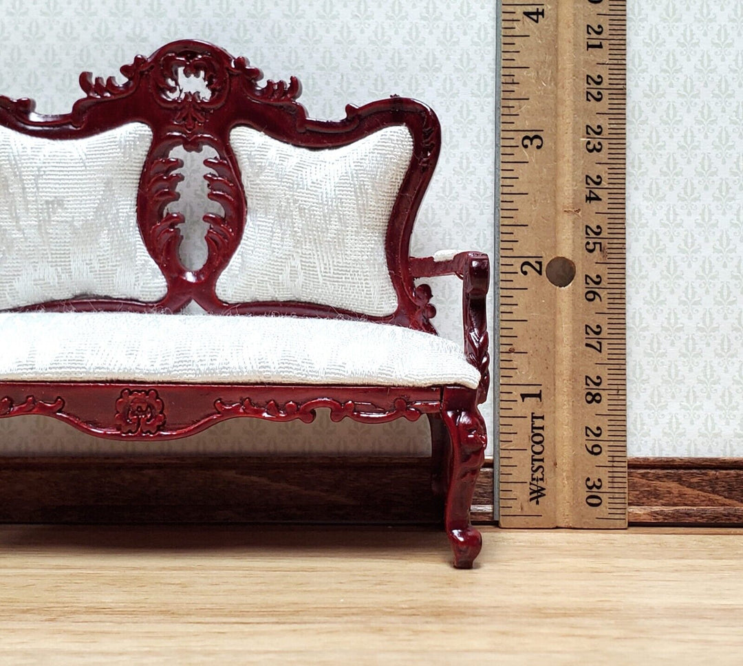 Dollhouse Victorian Sofa Couch White Brocade Style Fabric Mahogany Finish 1:12 Miniature Furniture