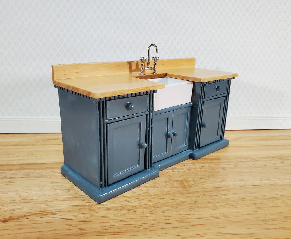 Dollhouse Kitchen Sink Cabinet 1:12 Scale Miniature Blue/Gray Farmhouse Style