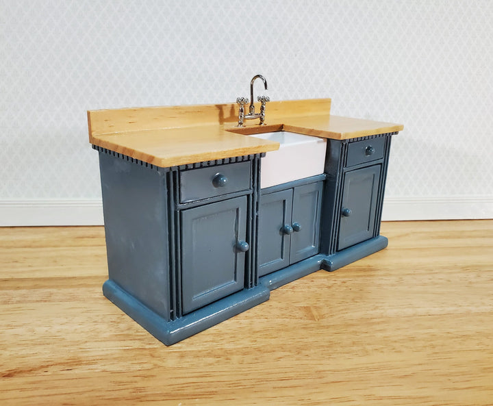 Dollhouse Kitchen Sink Cabinet 1:12 Scale Miniature Blue/Gray Farmhouse Style