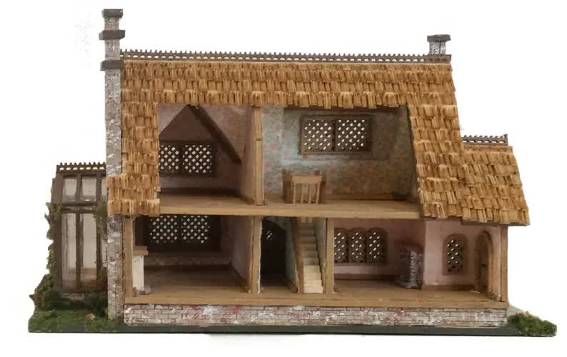 1:144 Scale Dollhouse KIT Tiny German Tudor w/ Greenhouse and Grass 5 Room Home - Miniature Crush