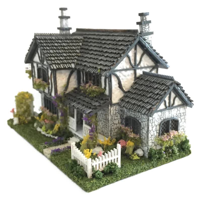 1:144 Scale Dollhouse KIT Tiny Tudor Style 5 Room Home Includes Greenery Foilage - Miniature Crush