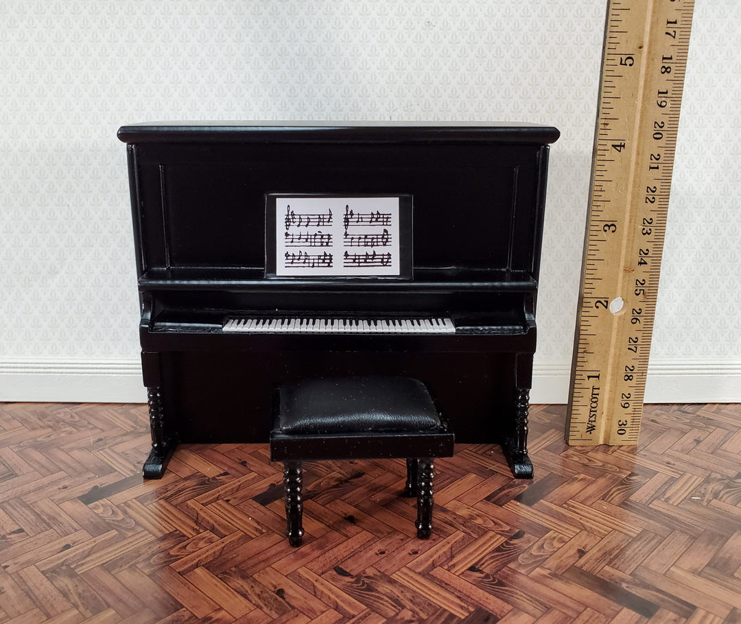 Miniature Upright Piano with Bench Seat Wood 1:12 Scale Dollhouse Black Finish