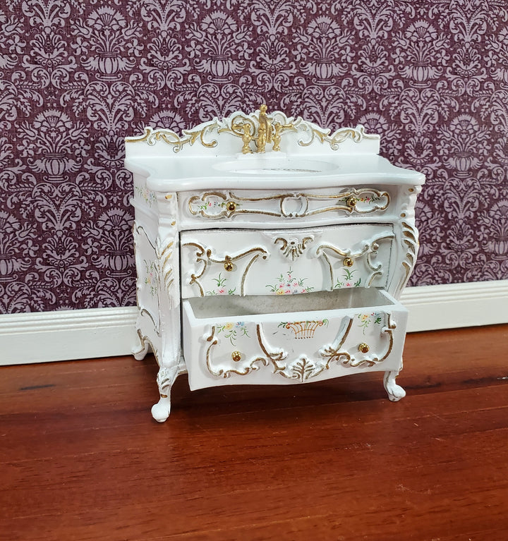 JBM Miniature Bathroom Sink White & Gold Baroque Style 1:12 Scale Dollhouse
