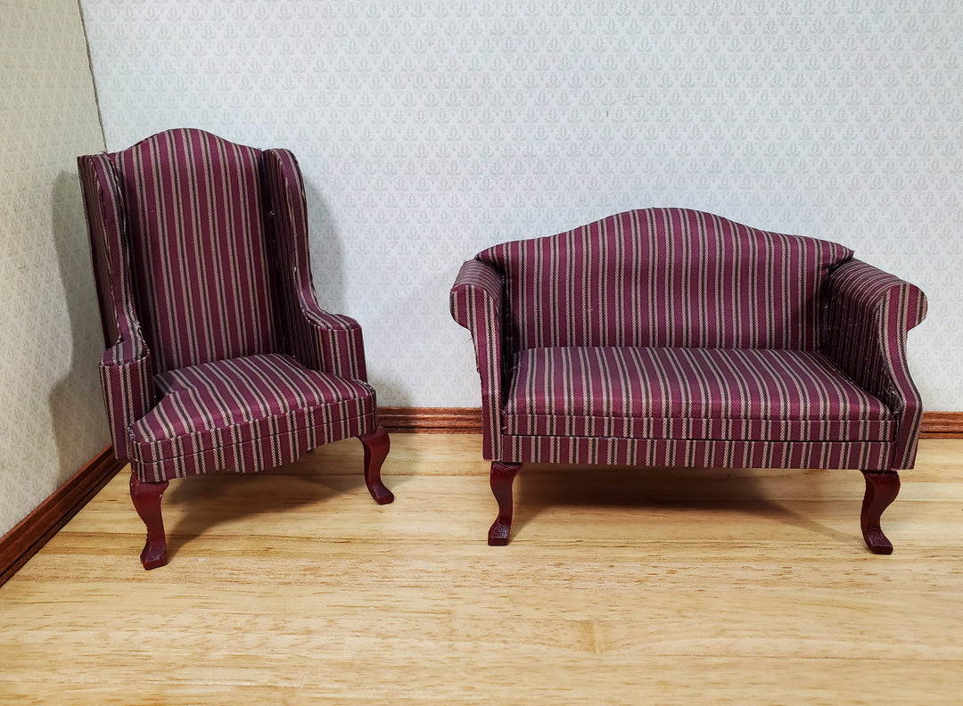 Dollhouse Arm Chair Wing Back Maroon Striped 1:12 Scale Miniature Furniture