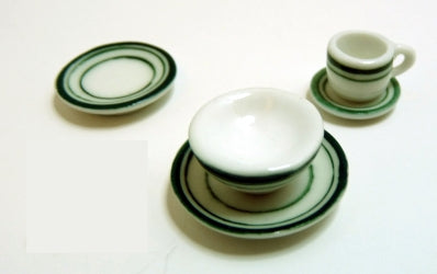Dollhouse White with Green Trim Ceramic Dinner Setting 1:12 Scale Miniatures