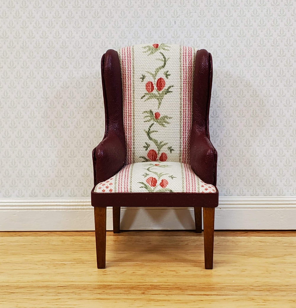 JBM Dollhouse Chair Armchair Burgundy Faux Leather & Fabric 1:12 Scale Furniture
