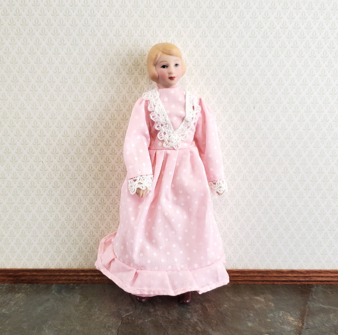 Dollhouse Woman Doll Porcelain Poseable Mom Mother Female Pink Dress 1:12 Scale Miniature