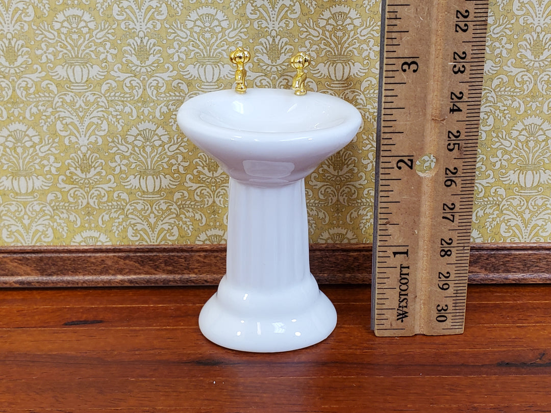 Dollhouse Pedestal Sink Bathroom White Ceramic Gold Faucets 1:12 Scale Miniature