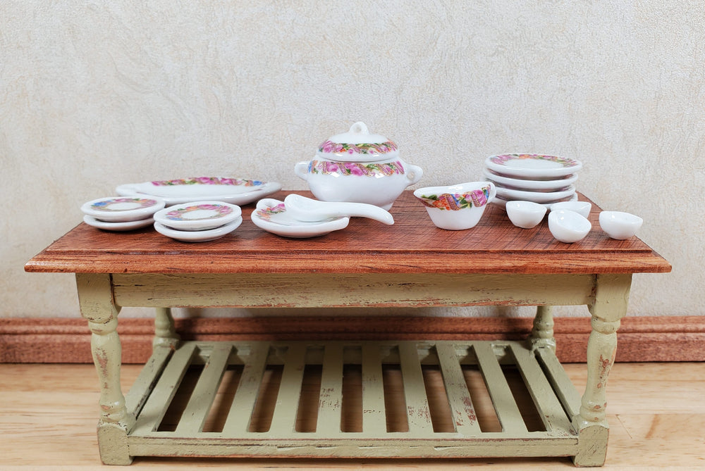 Dollhouse Dinner Set Plates Tureen Ceramic Floral Wreath 1:12 Scale Miniature