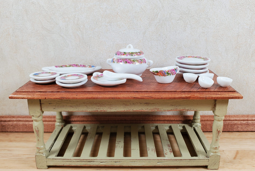 Dollhouse Dinner Set Plates Tureen Ceramic Floral Wreath 1:12 Scale Miniature