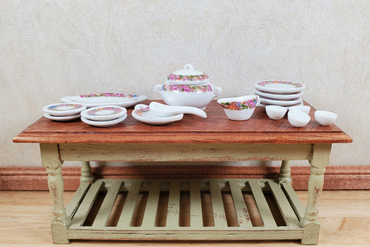 Dollhouse Dinner Set Plates Tureen Ceramic Floral Wreath 1:12 Scale Miniature