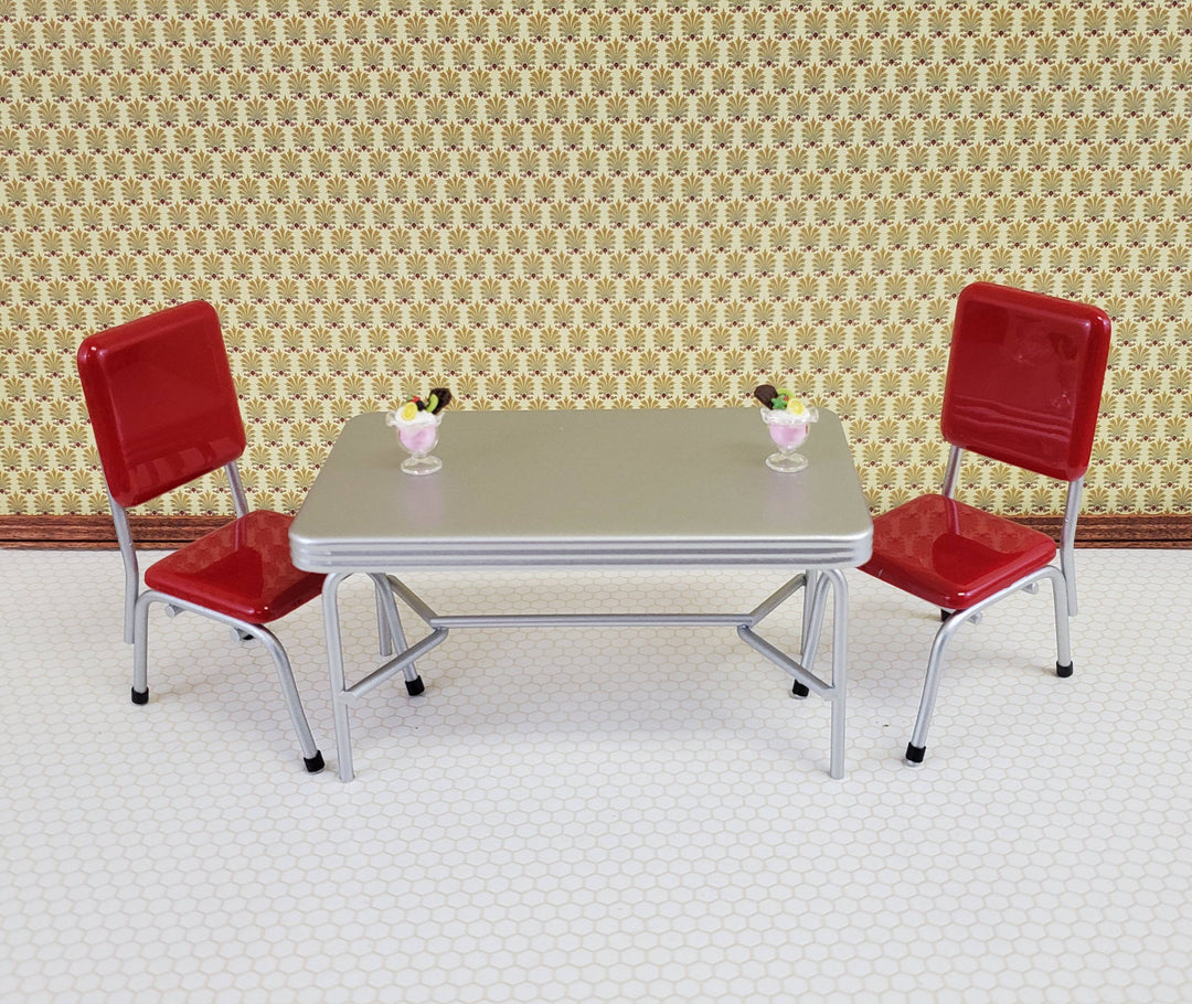 Dollhouse Miniatures 1950s Style Kitchen Table with 2 Red Chairs 1:12 Scale