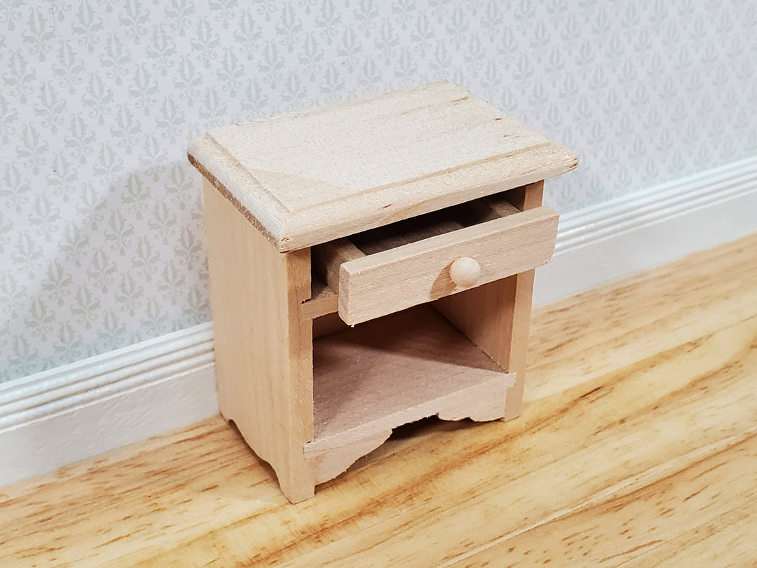 Dollhouse Nightstand Side Table with Drawer Unpainted Wood 1:12 Scale Miniature Furniture