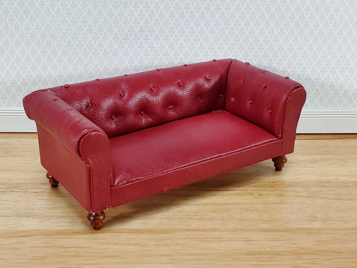 Dollhouse Sofa Couch Chesterfield Burgundy Faux Leather 1:12 Scale Miniature Furniture