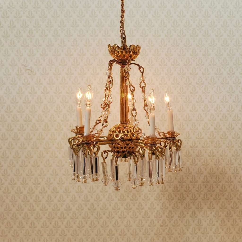 Dollhouse 5 Arm Crystal Chandelier with Chains Handmade 12 Volt 1:12 Scale