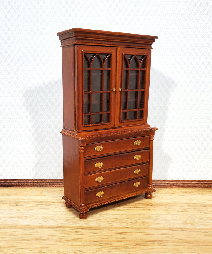 Dollhouse Tall Display Cabinet Hutch with Drawers Walnut Finish 1:12 Scale Furniture