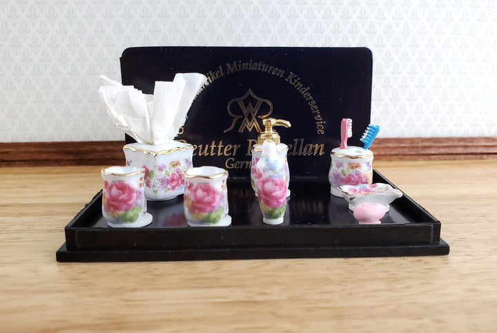 Dollhouse Dresden Rose Bathroom Set Soap Dish Tissue Lotion Dispenser by Reutter Porcelain 1:12 Scale