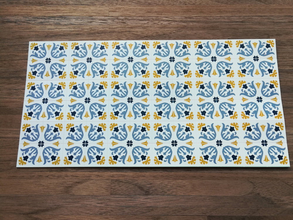 Dollhouse Miniature Tile Flooring Sheet Blue & Gold Tulips 1:12 Scale Break Off Pieces