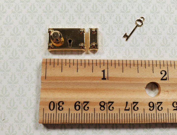 Dollhouse Rim Lock Set Door Knob Strike Plate with Key Gold 1:12 Scale Large