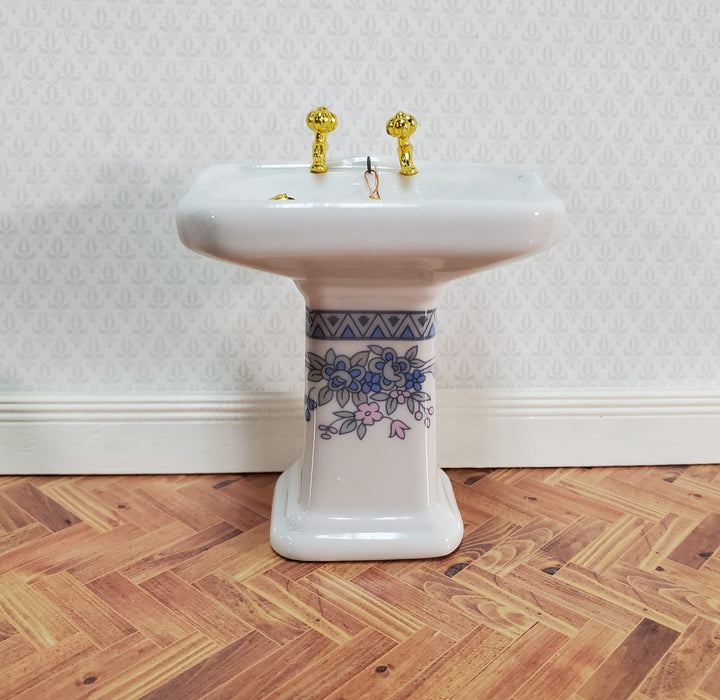 Dollhouse Bathroom Set White & Blue Ceramic Tub Toilet Sink 1:12 Scale Miniature