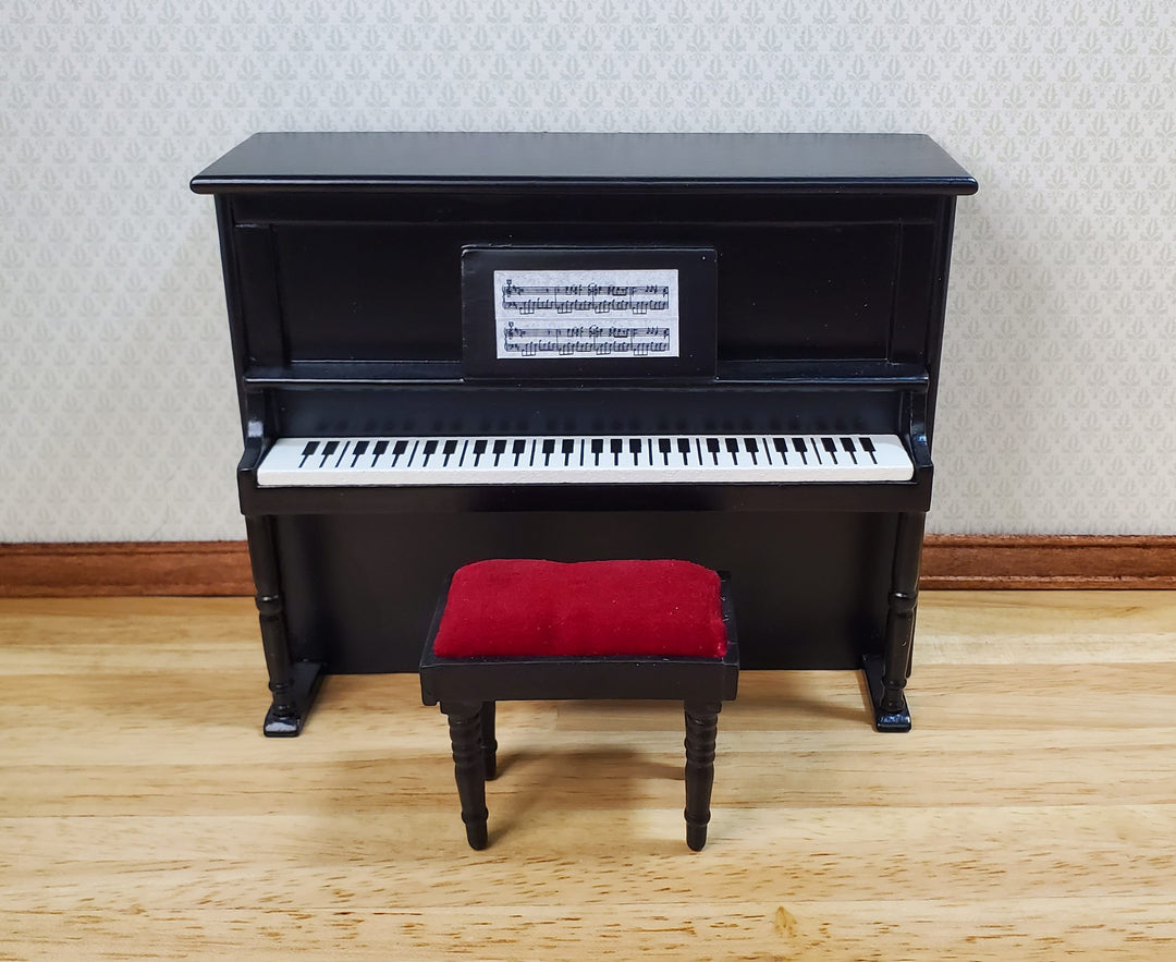 Miniature Upright Piano with Bench Seat Wood 1:12 Scale Dollhouse Black Finish