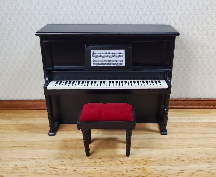 Miniature Upright Piano with Bench Seat Wood 1:12 Scale Dollhouse Black Finish