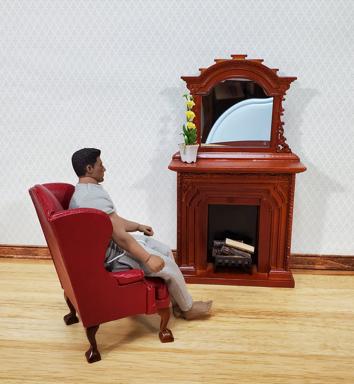 Dollhouse Fireplace Victorian Style w/ Mirror 1:12 Scale Miniature Walnut Finish