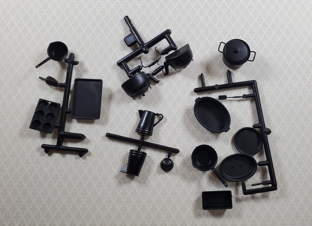 Dollhouse Chrysnbon Cookware DIY Kit Set Black Plastic Pans Muffin Coffee Pot