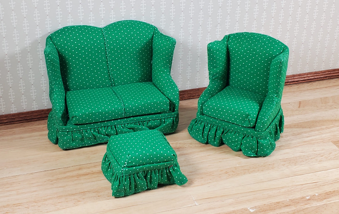 Dollhouse Small Sofa Chair Ottoman Green & White 1:12 Scale Miniature Furniture