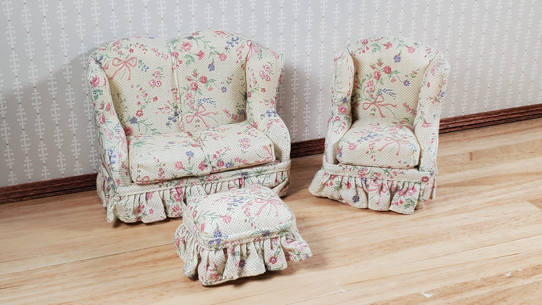 Dollhouse Small Sofa Chair Ottoman Pink Floral Ribbon 1:12 Scale Miniature Furniture