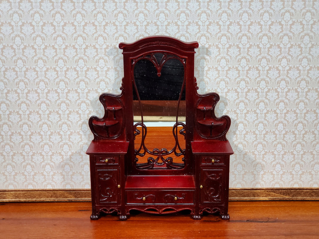 Dollhouse Dressing Table w/ Mirror Art Nouveau Style Mahogany Finish 1:12 Scale