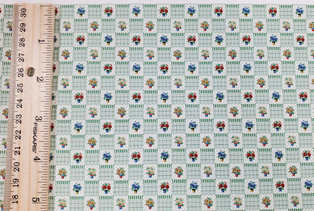 Dollhouse Wallpaper "Flower Pots" Green White Bradbury & Bradbury 1:12 Scale