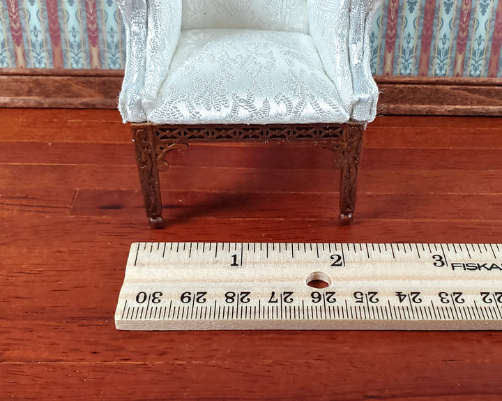 JBM Dollhouse Arm Chair White Brocade Fabric 1:12 Scale Miniature Furniture
