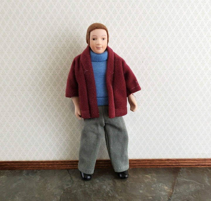 Dollhouse Man Modern Doll Porcelain Dad Father 1:12 Scale Maroon Jacket