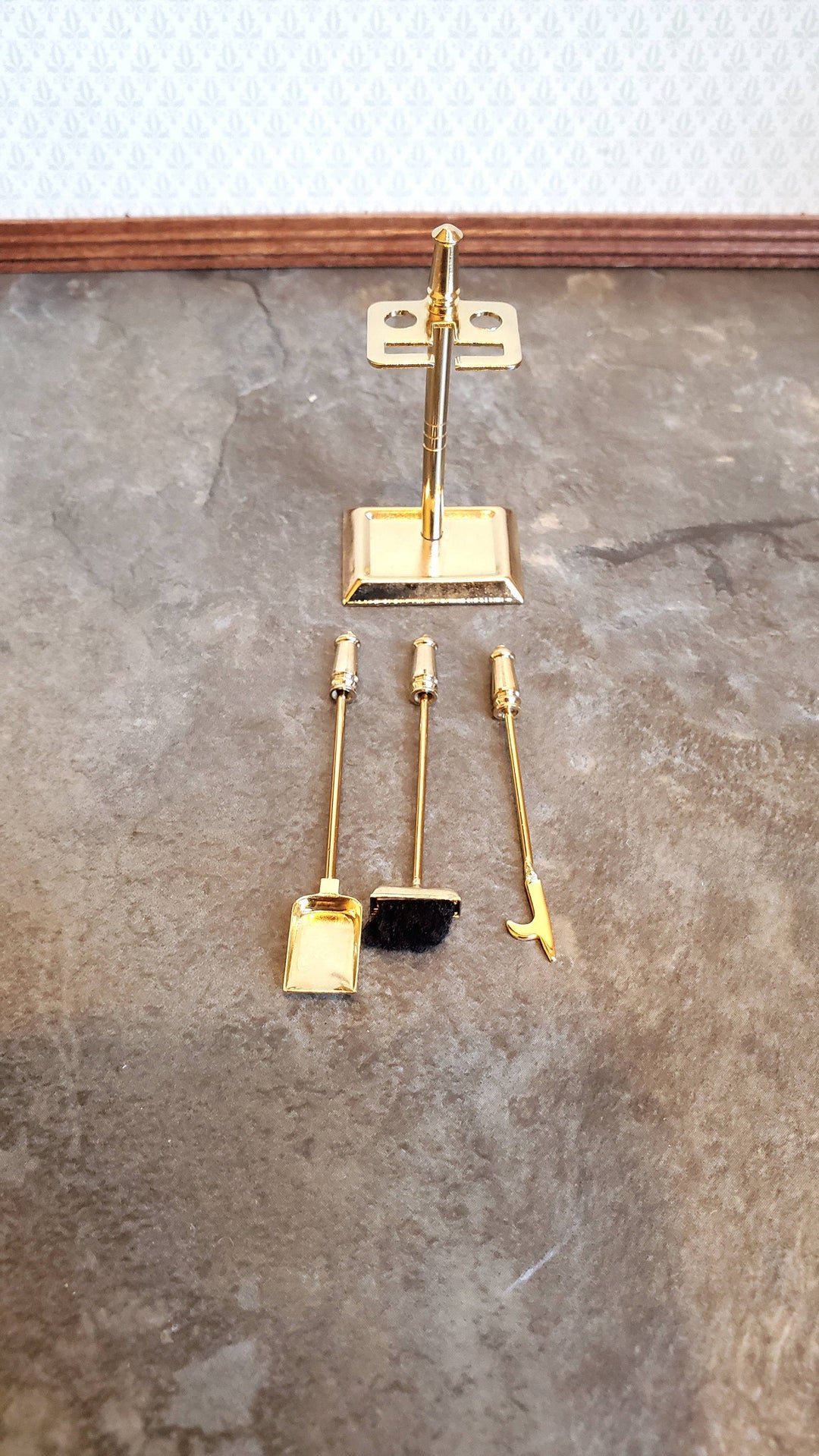 Dollhouse Miniature Fireplace Accessory Set Shovel Broom Poker Gold 1:12 Scale