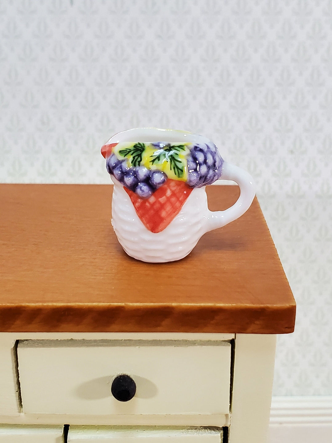 Dollhouse Ceramic Pitcher with Handle Fruit Motif 1:12 Scale by Falcon Miniatures