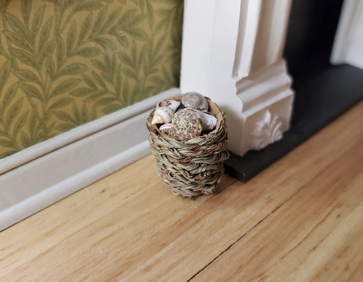 Tiny Seashells in Small Round Natural Fiber Basket 1:12 Scale Miniature