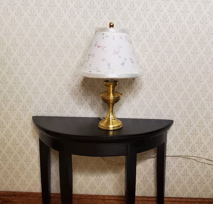 Dollhouse Table Lamp Tiny Floral Design Brass Base 12 Volt Wired 1:12 Scale